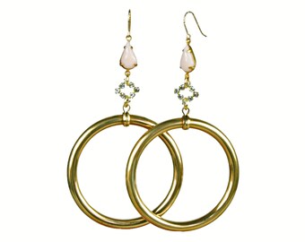 Large Two Inch Vintage Brass Hoop Earrings Pale Pink Glass Stone Cabachon Drop Handmade Assemblage OOAK Statement Earrings  E6206