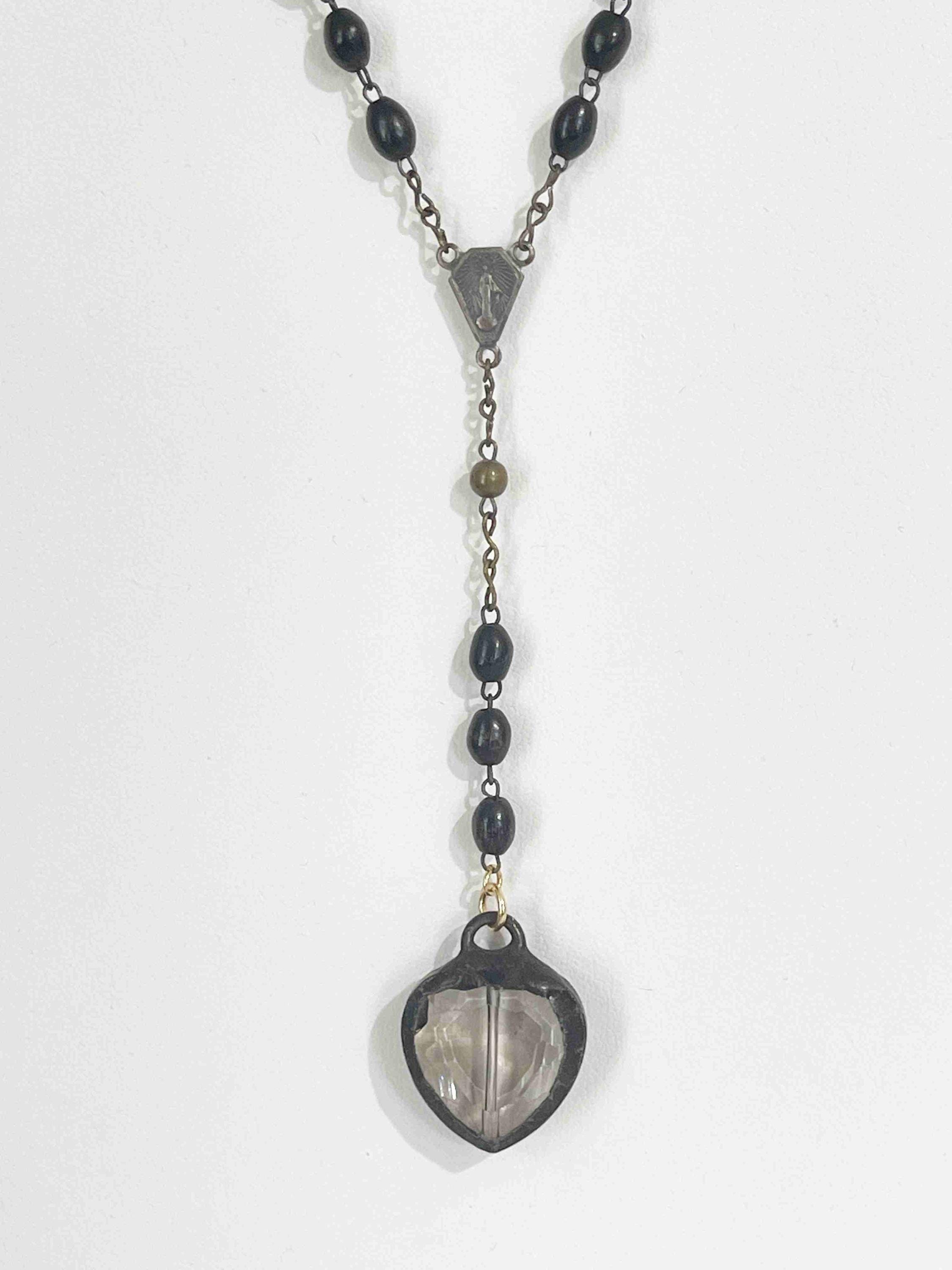 アクセサリー Vintage Black Rosary Necklace Vintage Black Rosary With Crystal Heart Pendant, Vintage