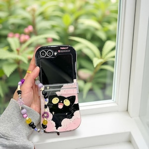 Étui de téléphone avec lanière et bracelet chat noir pour Samsung Galaxy Z Flip 6 5 4 3 - Jolie coque antichoc avec courroie en chaîne