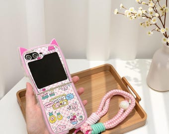Koreaans schattig konijn kattenoren telefoonhoesje voor Samsung Z Flip 6/5/4/3 met draagriem – Cute Girl Cover