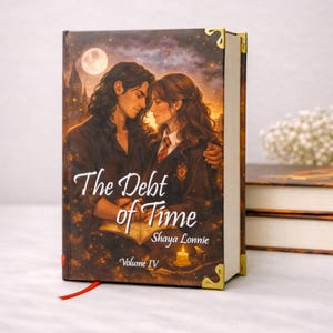 Puede incluir: Un libro de tapa dura titulado "The Debt of Time" de Shaya Lonnie, Volumen IV. La portada presenta una ilustraci&oacute;n rom&aacute;ntica de una pareja con un castillo y una luna de fondo. El libro tiene protectores de esquina dorados y una cinta roja como marcador.