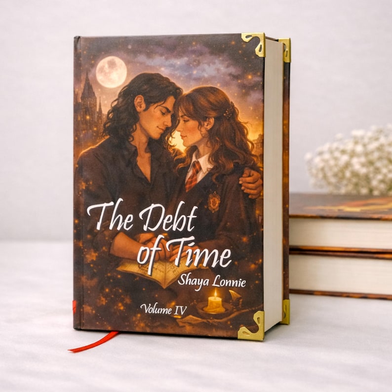 Puede incluir: Un libro de tapa dura titulado "The Debt of Time" de Shaya Lonnie, Volumen IV. La portada presenta una ilustraci&oacute;n rom&aacute;ntica de una pareja con un castillo y una luna de fondo. El libro tiene protectores de esquina dorados y una cinta roja como marcador.