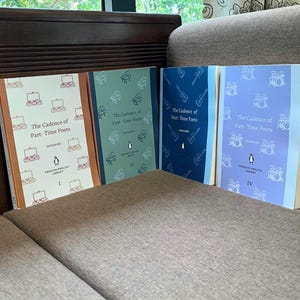 May include: Four Penguin English Library books titled "The Cadence of Part-Time Poets" are displayed. The book covers are in various colors: cream, green, navy, and lavender. Each book features a different musical instrument graphic and the number I, II, III, and IV.