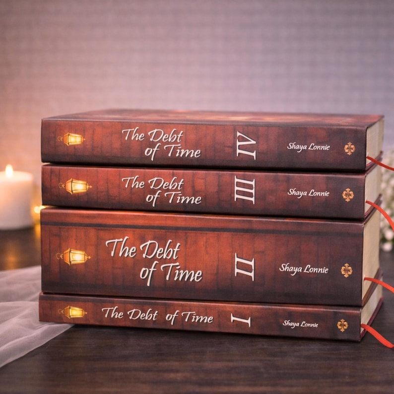 Puede incluir: Una pila de cuatro libros de tapa dura con el t&iacute;tulo "The Debt of Time", cada uno con un n&uacute;mero romano. Las cubiertas son de color marr&oacute;n oscuro con una ilustraci&oacute;n de linterna y el nombre del autor, Shaya Lonnie. Se ven cintas rojas.