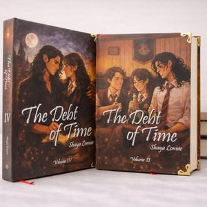 Puede incluir: Se muestran dos libros de tapa dura, "The Debt of Time", Volumen IV y Volumen II. Las portadas presentan ilustraciones de personajes en un entorno de fantas&iacute;a. El t&iacute;tulo est&aacute; en escritura blanca. Las lomos son de color marr&oacute;n oscuro con esquinas doradas.