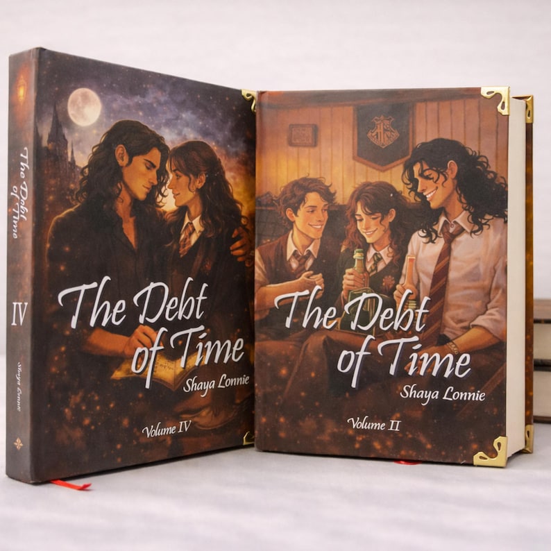 Puede incluir: Se muestran dos libros de tapa dura, "The Debt of Time", Volumen IV y Volumen II. Las portadas presentan ilustraciones de personajes en un entorno de fantas&iacute;a. El t&iacute;tulo est&aacute; en escritura blanca. Las lomos son de color marr&oacute;n oscuro con esquinas doradas.