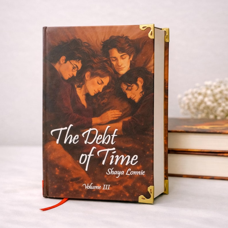 Puede incluir: Un libro de tapa dura titulado "The Debt of Time" con una ilustraci&oacute;n de cuatro personas en la portada. El libro tiene protectores de esquina dorados y una cinta roja como marcador. La autora es Shaya Lonnie, Volumen III.