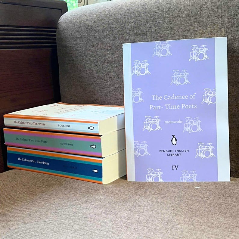 May include: A stack of three books with the title "The Cadence of Part-Time Poets" and a fourth book with the same title standing upright. The covers are various colors, including white, teal, and navy blue.