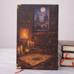 Puede incluir: Libro de tapa dura con una ilustraci&oacute;n detallada de una habitaci&oacute;n acogedora con chimenea, velas y una ventana con vistas a un castillo bajo la luna llena. El libro tiene protectores de esquina dorados y una cinta de marcador roja.