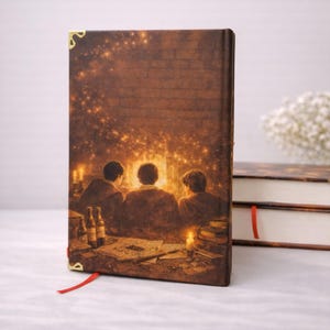 Puede incluir: Un diario de tapa dura marr&oacute;n con una ilustraci&oacute;n de tres figuras junto a una chimenea. La escena incluye velas, libros y botellas. Protectores de esquina dorados y una cinta roja como marcador a&ntilde;aden detalles.