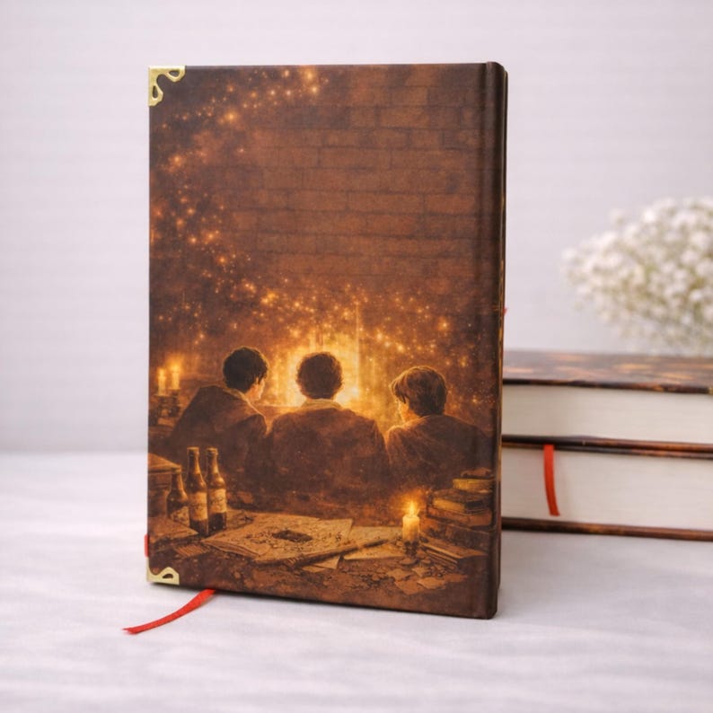 Puede incluir: Un diario de tapa dura marr&oacute;n con una ilustraci&oacute;n de tres figuras junto a una chimenea. La escena incluye velas, libros y botellas. Protectores de esquina dorados y una cinta roja como marcador a&ntilde;aden detalles.