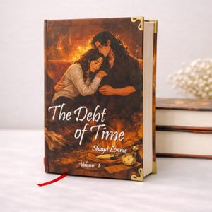 Puede incluir: Un libro de tapa dura titulado "The Debt of Time, Volume 1" con una ilustraci&oacute;n rom&aacute;ntica en la portada. El arte de la portada representa a una pareja abraz&aacute;ndose, con un fondo c&aacute;lido en tonos sepia. Se ven esquinas doradas y una cinta roja como marcap&aacute;ginas.