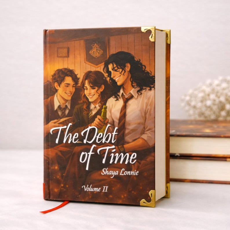 Puede incluir: Un libro de tapa dura titulado "The Debt of Time" de Shaya Lonnie, Volumen II. La portada presenta una ilustraci&oacute;n de tres personas en una habitaci&oacute;n con una paleta de colores c&aacute;lidos. El libro tiene esquinas doradas y una cinta roja como marcap&aacute;ginas.
