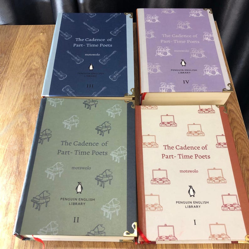May include: Four Penguin English Library books titled "The Cadence of Part-Time Poets." Each book has a different cover design: guitars, drums, pianos, and briefcases. The books are in various colors, including blue, purple, green, and white.