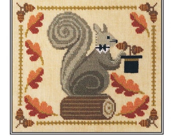 Squirrely Acorn Banquest Squire Squirrel Counted Cross Stitch Chart Artful Offerings Paper Pattern XS17159