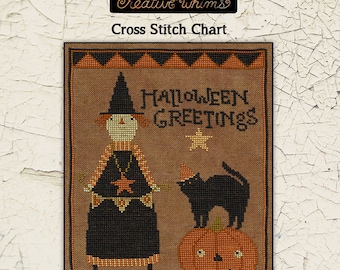 Halloween Greetings XS340 Teresa Kogut Witch Black Cat Counted Cross Stitch Chart Paper Pattern