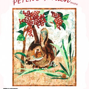 May include: A fabric art piece titled "Peter's Garden" featuring a brown rabbit amidst foliage and red berries. The artwork includes green leaves, tall grass, and a small snail. The piece is framed with a brown border and includes the artist's name and website.
