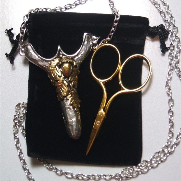 Heirloom English Oak Acorn Pewter Sewing Chatelaine Gift Scissors with Velvet Bag