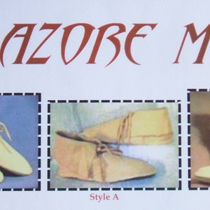 May include: A pattern for making moccasins, called "Azore Moc", with three different styles shown: Style A, Style B, and Style C. The pattern is from Sparrowhawk Publishing.