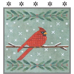 Può includere: Schema a punto croce con un cardinale rosso posato su un ramo, circondato da foglie verdi e fiocchi di neve. Il testo "Wintertide Cardinal" e "Make A Festive Holiday Pillow" sono visualizzati. È incluso anche l'indirizzo del sito web.