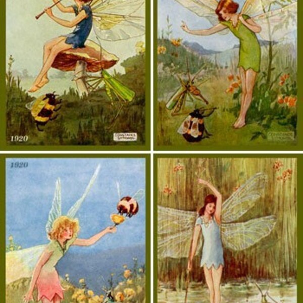 American Quilt Blocks Vintage Printed Images 4" x 6" Fairy and Bees Set of 4
