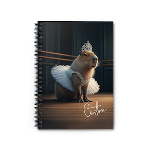 May include: A capybara wearing a white tutu and a sparkly crown sits on a wooden floor. The background is a dark room with a wooden railing. The text "Custom" is written on the floor.