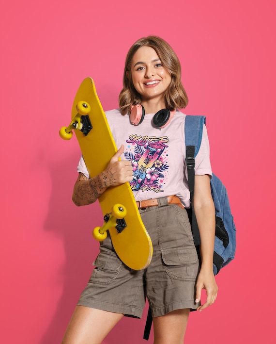 Skater Girl Custom TShirt, Personalized Skateboard Shirt with Name Streetwear Gift for Teen Girls.
