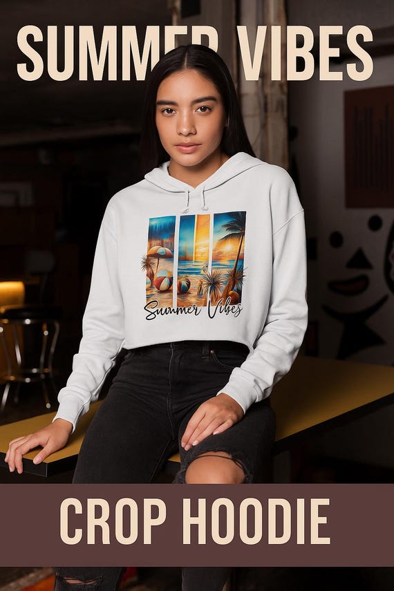 Summer Vibes Crop Hoodie | Trendy Beachwear | Casual Vacation Top | Gift for Her | Lightweight Summer Sweatshirt