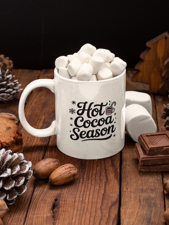 Hot Cocoa Season Mug – Minimalist Christmas Cup – Cozy Winter 11oz White Holiday Mug