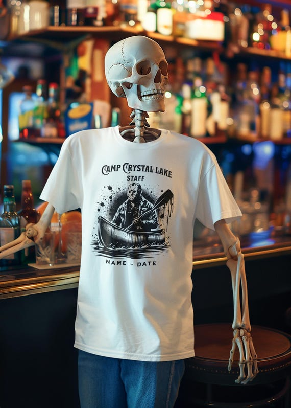 Camp Crystal Lake Staff Shirt – Custom Halloween Horror Tee with Name & Date, Jason Costume Party T-Shirt, Scary Movie Fan Gift