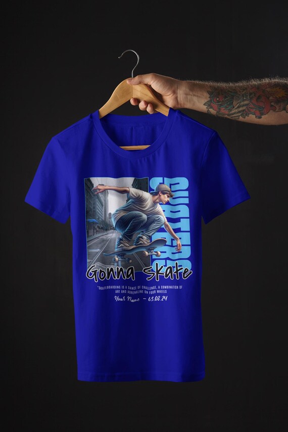 Custom Skateboard T-Shirt Personalized Skater Shirt with Name Birthdate Urban Streetwear Gift for Him or Teen Boys