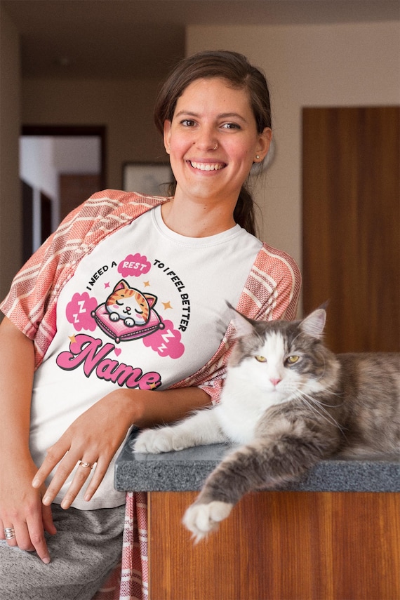Cute Cat Nap T-Shirt, Cozy Tee, Pet Lover Gift, Pajama Party Top, Sleepy Cat Apparel, Gifts for Cat Owners, Personalized with name