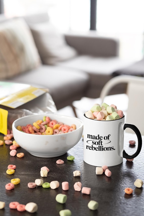 Made of Soft Rebellions – Minimalist Aesthetic Mug | Emotional Typography Coffee Cup | Modern Black & White Quiet Collection Mug