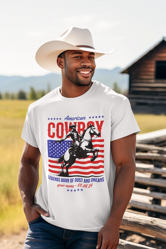 American Cowboy Custom T-Shirt – Personalized Rodeo Shirt with Name & Year – Western Birthday Gift for Him