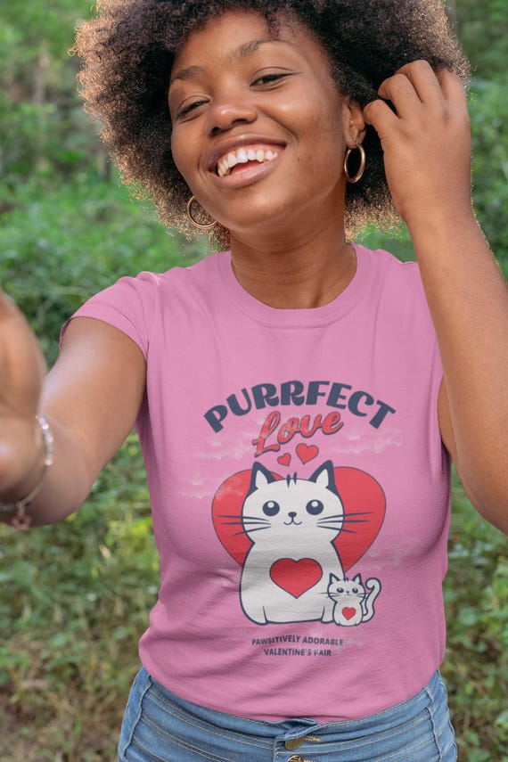 Purrfect Love Cat Tee – Cute Cat Lover TShirt – Graphic Tee Gift – White, Sport Grey, Yellow Haze, Carolina Blue and Azalea
