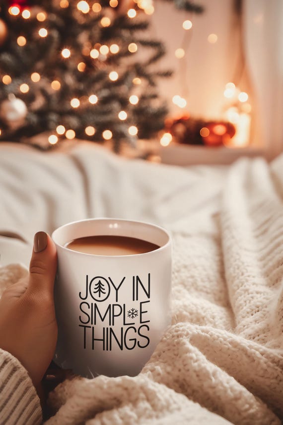 Joy in Simple Things Christmas Mug – Minimalist Holiday Cup – Scandinavian Style 11oz White Mug