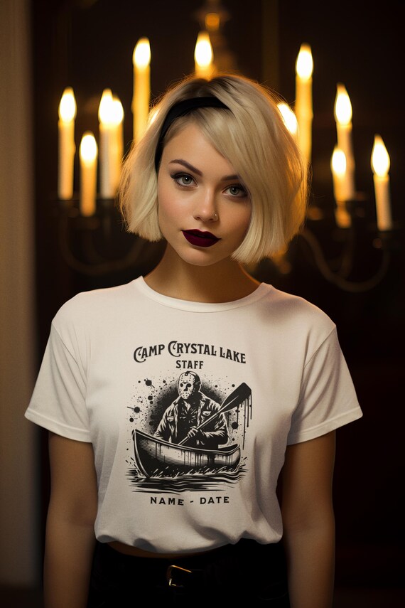 Camp Crystal Lake Staff Shirt – Custom Halloween Horror Tee with Name & Date, Jason Costume Party T-Shirt, Scary Movie Fan Gift