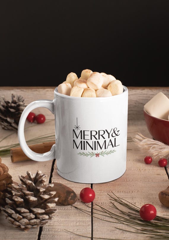 Merry & Minimal Christmas Mug – Scandinavian Minimalist Holiday Cup – 11oz White Winter Mug