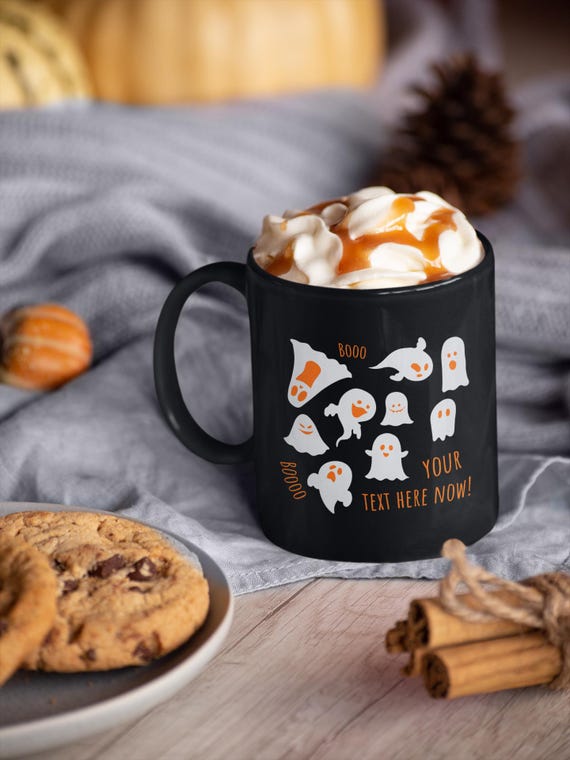Custom Spooky Ghosts Black Mug, Personalized Halloween Coffee Cup, Fall Ghost Drinkware Gift