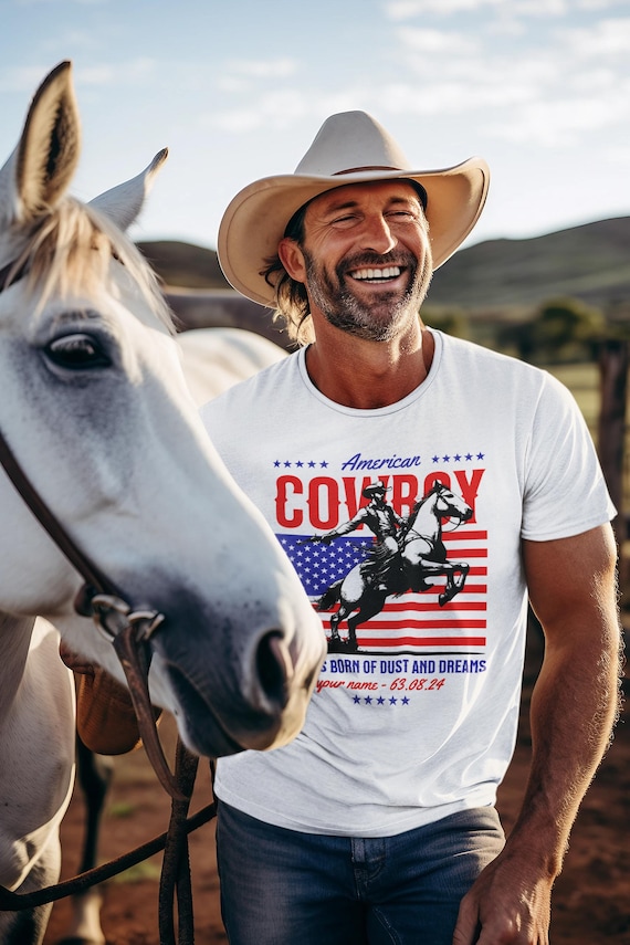 American Cowboy Custom T-Shirt – Personalized Rodeo Shirt with Name & Year – Western Birthday Gift for Him