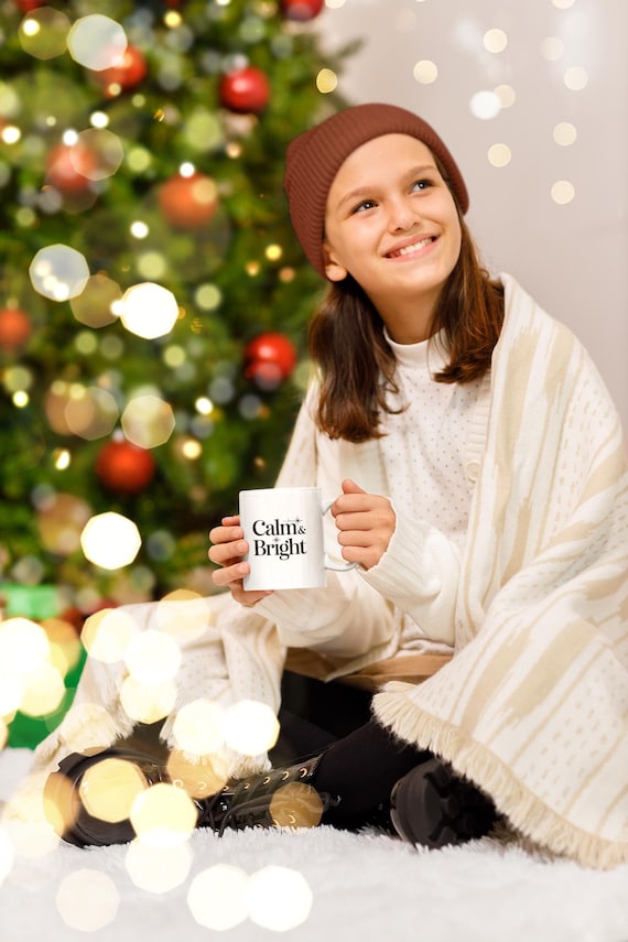 Calm & Bright Christmas Mug – Minimalist Holiday Cup – Scandinavian Style 11oz White Winter Mug