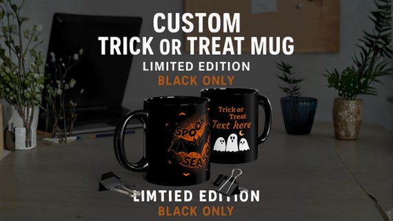 Custom Trick or Treat Mug – Personalized Halloween Coffee Cup with Ghosts & Bat Design, Double-Sided Spooky Mug, Halloween Gift 2025