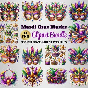 Conjunto de imágenes prediseñadas de máscaras de Mardi Gras, diseño de descarga digital PNG de Mardi Gras, imágenes prediseñadas de mascarada, sublimación de máscaras de plumas, paquete de carnaval de Mardi Gras