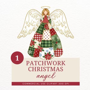 Puede incluir: Ilustración digital de un ángel navideño con un vestido de patchwork en patrones rojos, verdes y blancos. El ángel tiene cabello rubio, un halo dorado y alas doradas. Incluye el texto "PATCHWORK CHRISTMAS angel".