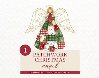 May include: A digital illustration of a Christmas angel with a patchwork dress in red, green, and white patterns. The angel has blonde hair, a gold halo, and gold wings. The image includes the text "PATCHWORK CHRISTMAS angel".