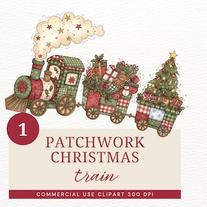 Puede incluir: Ilustración de un tren navideño con tres vagones. La locomotora y los vagones están decorados con patrones de patchwork en rojo y verde. El tren transporta regalos, un árbol de Navidad y una nube de estrellas. Texto: "Patchwork Christmas train".