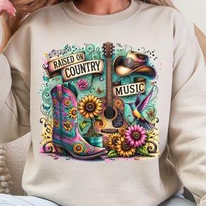 Raised On Country Music PNG Clipart, Western Rustic Cowgirl Png, Country Girl Sublimation Design, Guitar Sunflowers Digital Download PNG