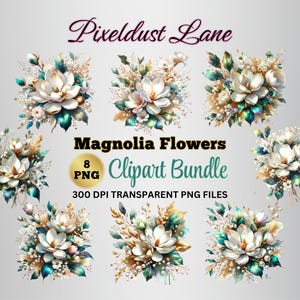Gold Magnolia Floral Clipart, White Flowers PNG Set, Wedding Invitation Clip Art, Magnolia Glam Garden Bridal Shower Sublimation Bundle
