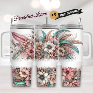 Boho Floral PNG Tumbler Design 40 oz, Pastel Flower Wrap for 40oz Tumbler, Feather Sublimation Designs Digital Download 40 oz Tumbler Wrap