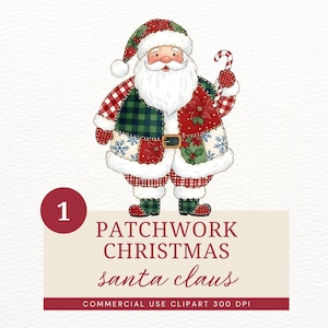May include: A digital illustration of Santa Claus in a patchwork outfit, holding a candy cane. His outfit is a mix of red, green, and white patterns. The image includes text that reads "Patchwork Christmas Santa Claus".